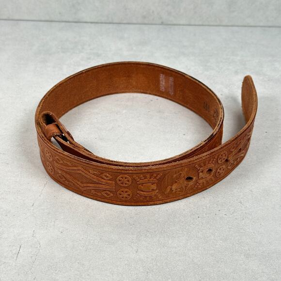 VTG Rockmount Ranch Wear Belt Womens 28 Brown Hand-Tooled Southwestern Aztec - Picture 2 of 11